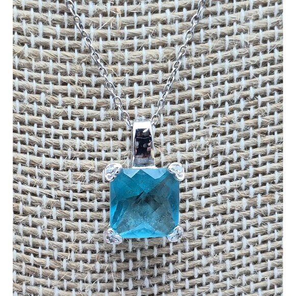 FAS Sterling Pendant Necklace Dainty Chain Drop Pendant Ice Blue Faceted Crystal - Picture 5 of 9
